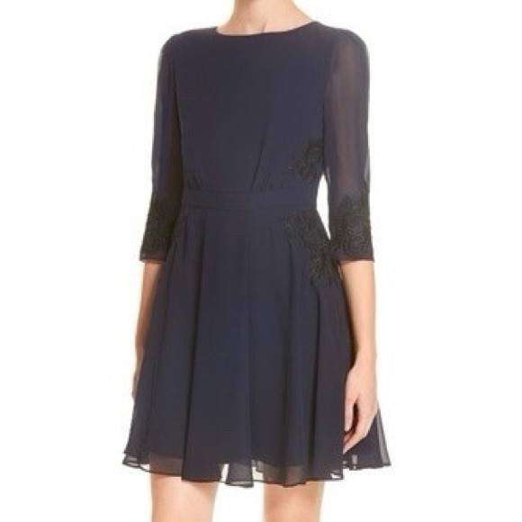 Ted Baker Dresses & Skirts - Ted Baker Navy Blue Sleeved Chiffon Dress with Black Embroidery Detail